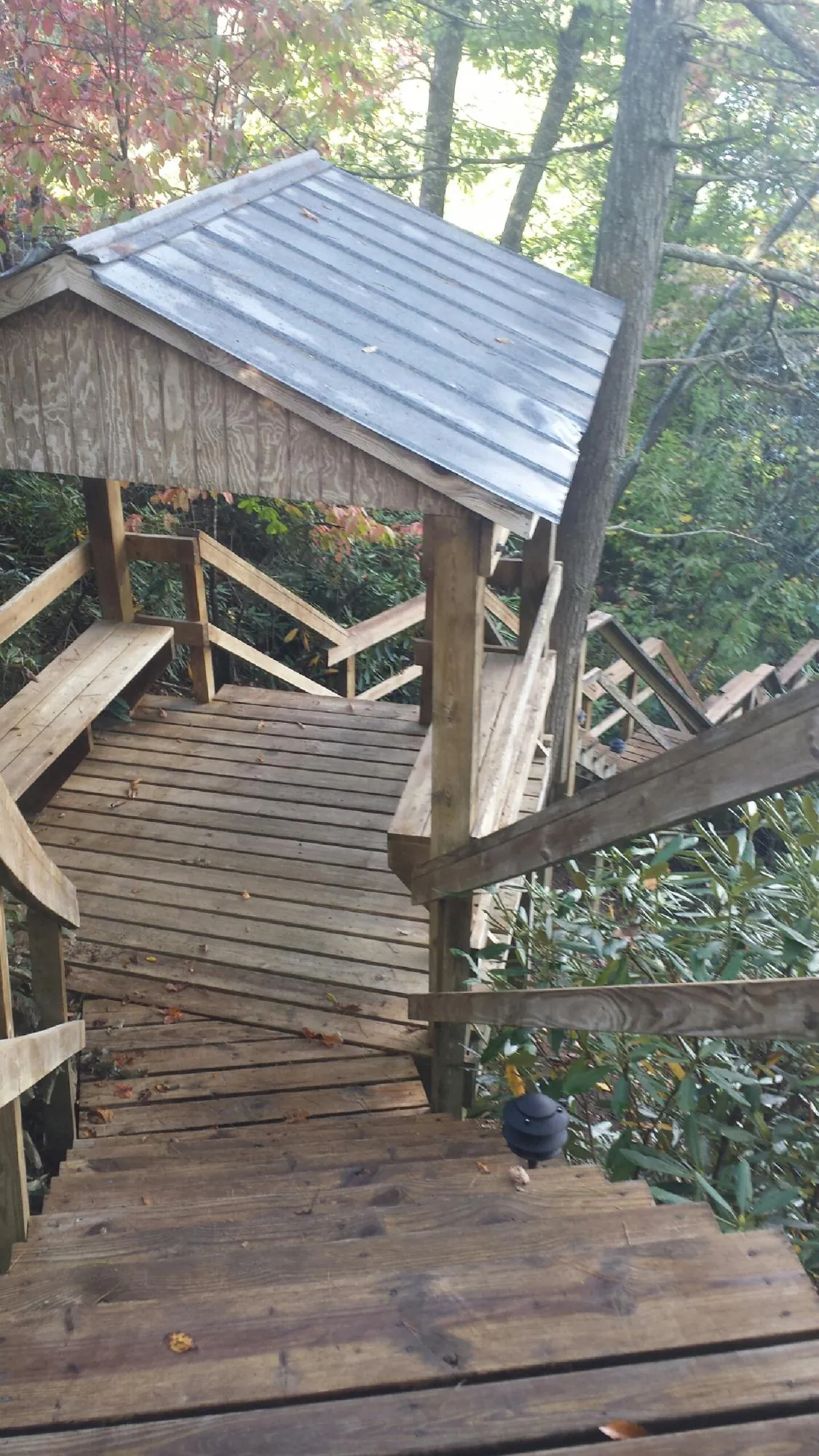 Metal roofed shelter over wooden steps on a wooded walkway — Skylight Repair & Installation work by our crew in Perkins